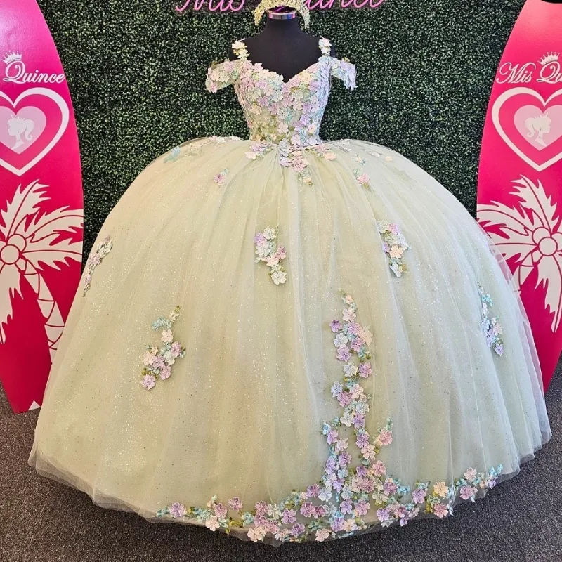 Luz verde brilhante fora do ombro vestidos quinceanera para meninas flores tull capela trem vestidos 15 de quinceanera sob medida