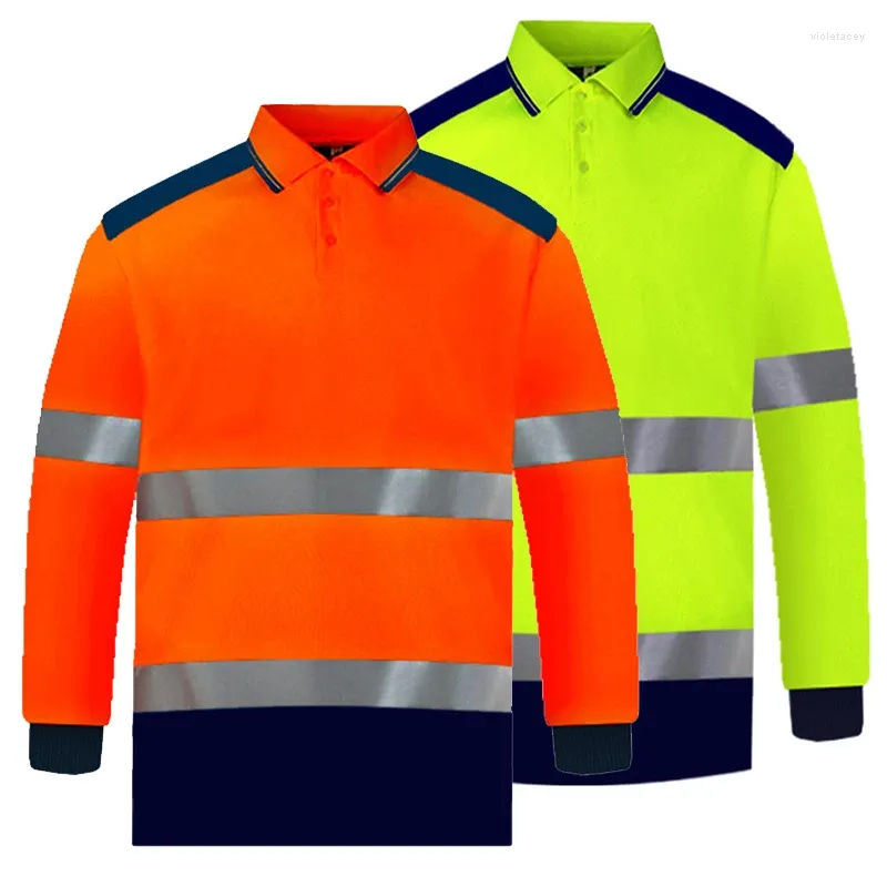 Herrpolos ansi klass 2 hi vis tröjor gula marinen långärmad reflekterande polo skjorta säkerhetsarbete för konstruktionsmän