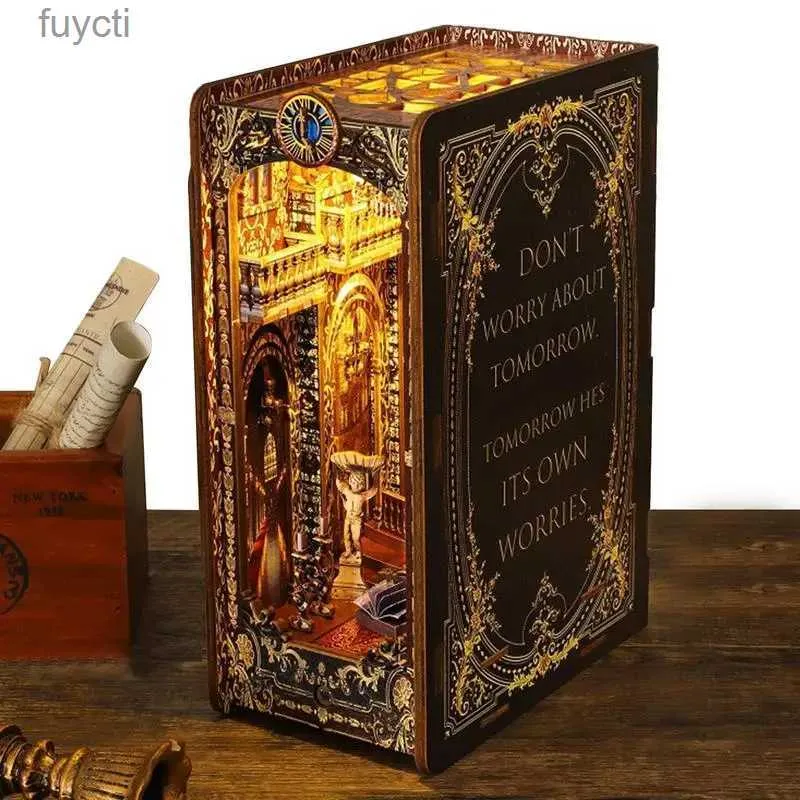 Sanat ve El Sanatları 3D Ahşap Puzzle Kitaplar Led Magic Book House Model Bina Kiti Stand Kitaplık Ekle DIY Art Bookends Decor Ev Dekoratif YQ240119