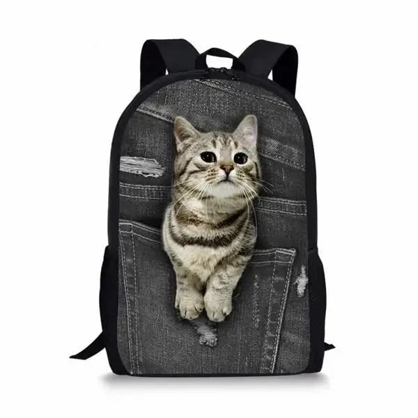 Väskor Animal Black Denim Pocket Cat Citten Student School Bags Notebook Ryggsäckar 3D Tryckt Oxford Waterproof Boys Girls Travel Påsar