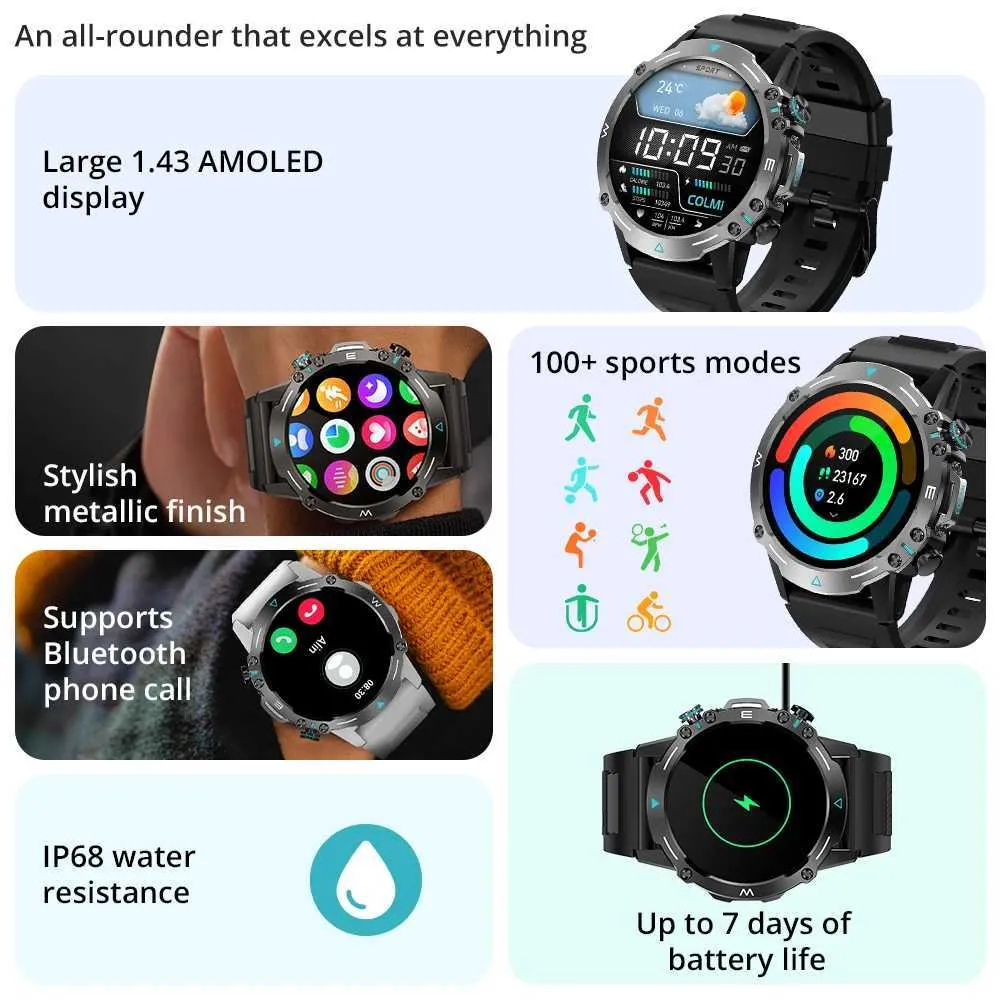 Inteligentne zegarki Colmi M42 Smartwatch 1.43 '' AMOLED Display 100 tryb sportowy Głos Wezwanie Smart Watch Mężczyzn Mężczyzn Women Grade Standness Watchl2401