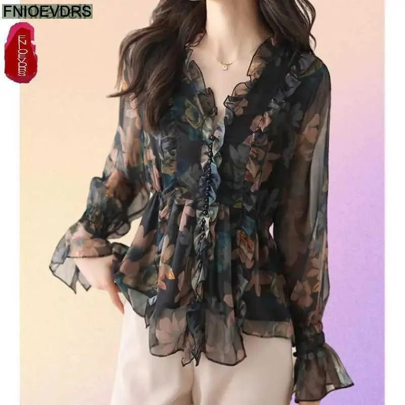 Damesblouses Overhemden S-3XL 2024 Dames Lente Basic Wear Chiffon Overhemden Nieuw Chic Design Retro Vintage Knoop Bloem Peplum Buik Ruches Tops Blouses YQ240119