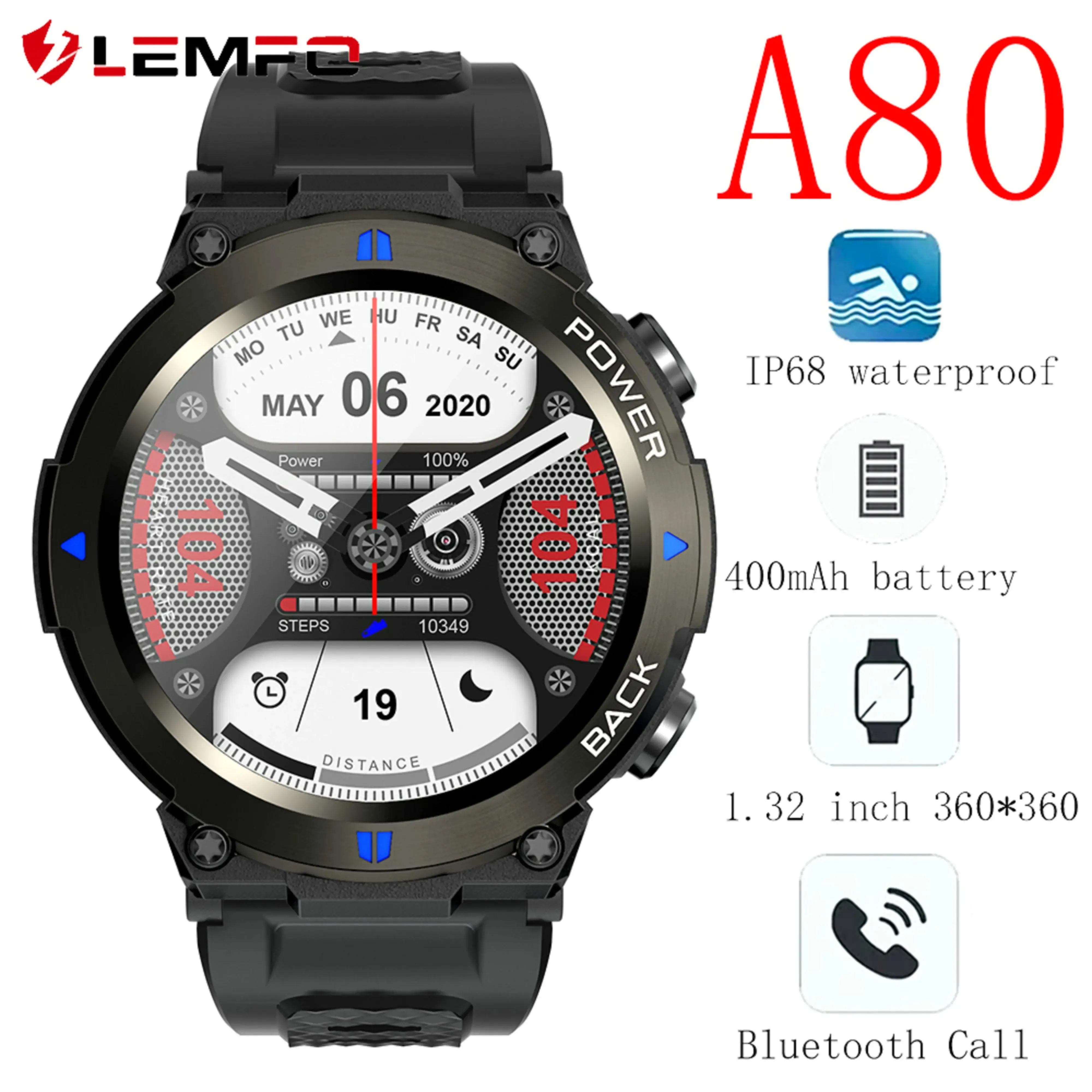 Montres Lemfo Smart Watch Bluetooth Call IP68 imperméable 380mAh Sports Watches Fitness Smartwatch 2023 1,32 pouce 360 * 360 LCD HD pour les hommes