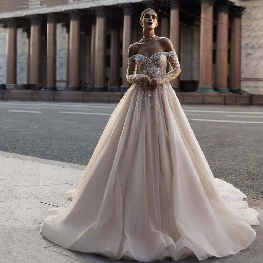 Изящное свадебное платье с открытыми плечами, блестящие блестки и жемчуг, свадебные платья с длинным рукавом, трапециевидное платье De Mariee