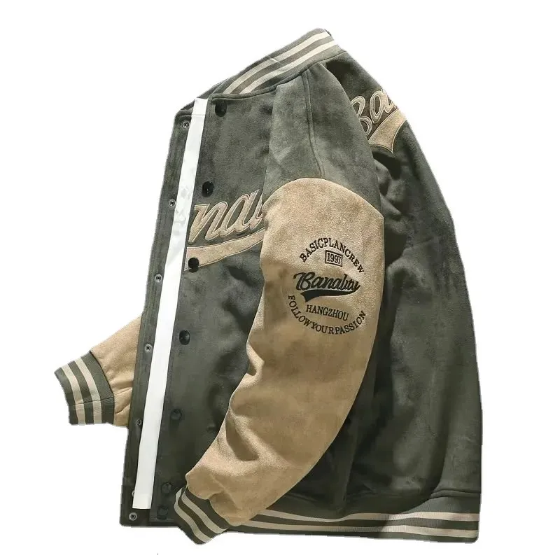 Men Autumn Faux Suede Jacket Baseball Uniform Coats Street Retro Loose Casual Thickened Fashion 240118