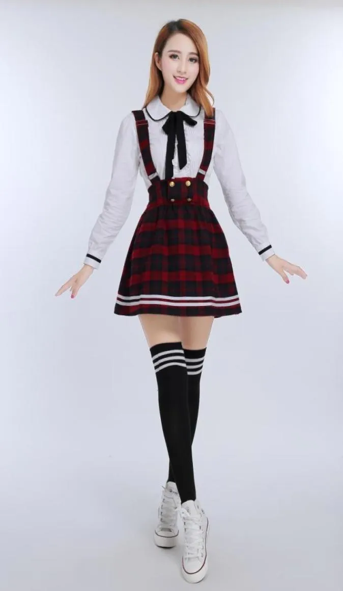 Uniforme scolastica coreana Ragazze Jk Vestito cosplay per le donne Uniforme scolastica giapponese Japones Camicia bianca in cotone Plaid Cinghie gonna9074182