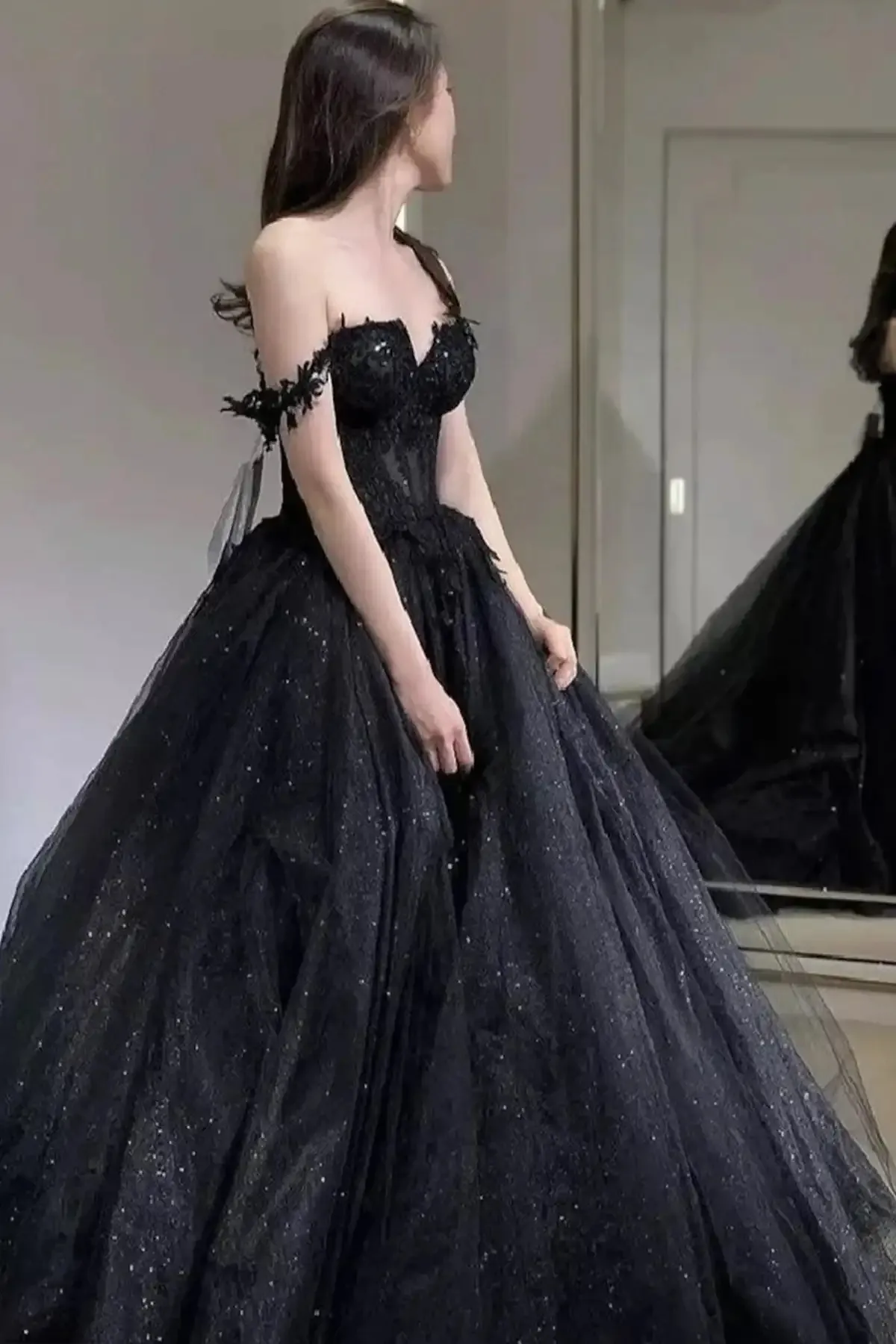 Glitter Sequined Tulle Off-Shoulder a line reception dress in Gothic Black with Lace Appliques and Sleeveless Corset - 2024 Newest Arrival