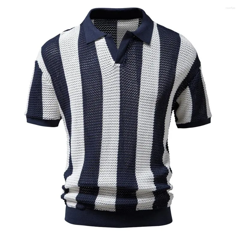 Herren Polos Kurzarm Poloshirt Bequeme Atmungsaktive Herren T 2024 Markenstreifen Hohlgeschnitztes Design Lässiger Stil Tops Blau