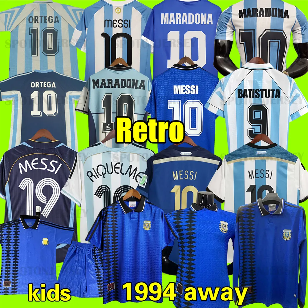 Retro 1986 Argentina Soccer Jersey Maradona Caniggia 1978 1996 Football Shirt Batistuta 1998 Riquelme 2006 1994 Ortega Crespo 2014 Mess is Bootball Jersey Kits