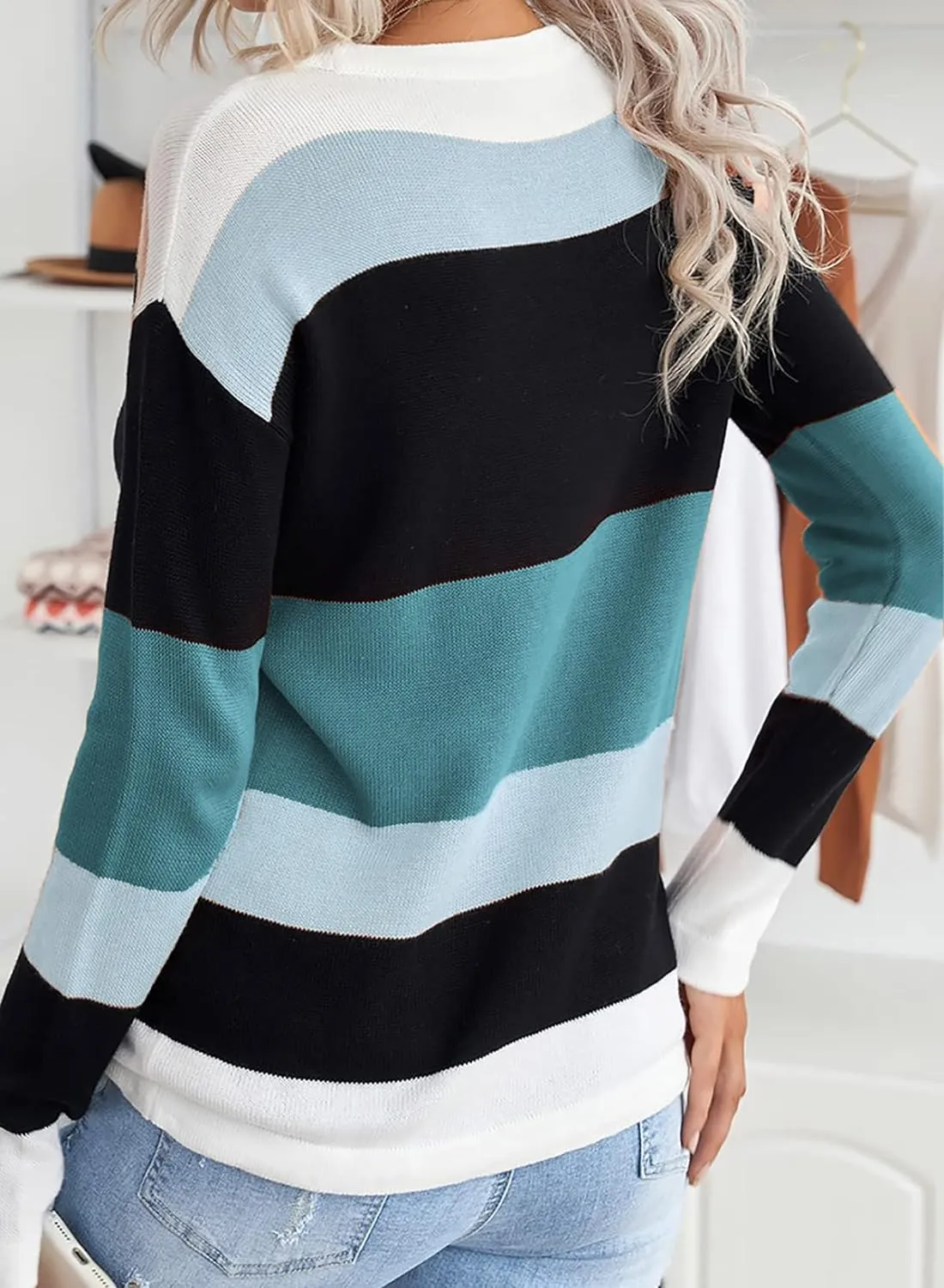 Women`s Sweaters Fall Sweaters Round Neck Striped Cute Winter Pullover Sweaters for Women Trendy 2023 Drawstring 