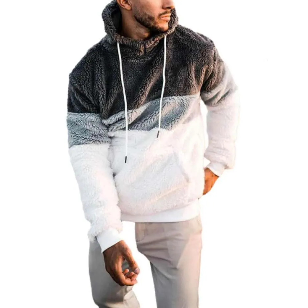 European And American Autumn New Fashionable Men's Hooded Plush Long Sleeved Casual Sports Hoodie Color Blocking