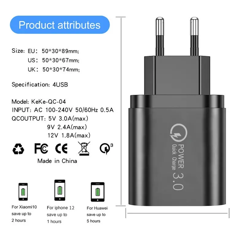head mobile phones fast wall chargers Factory direct sales 3A QC3.0 4USB Smart phone tablet charging head 