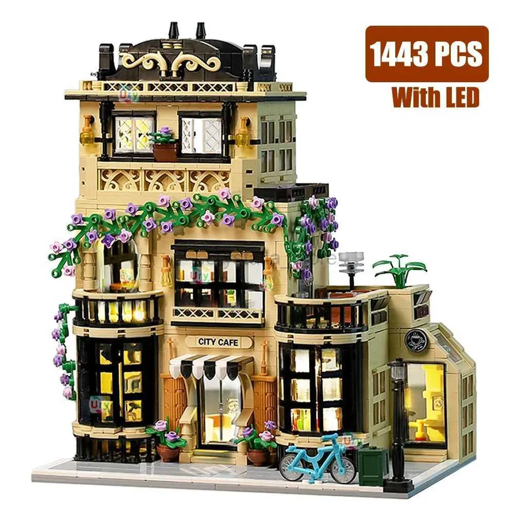 Blocos City Street View Modular Coffee Restaurant Retro Flower House com luz LED MOC Arquitetura Building Block Define brinquedos para crianças 240120