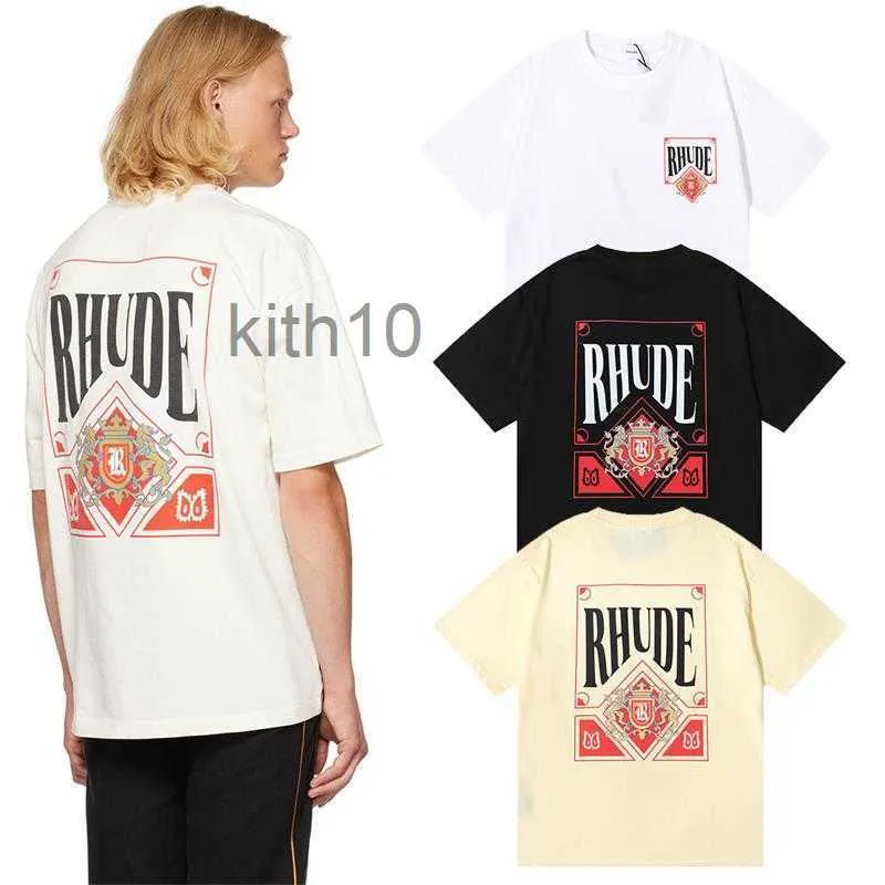 Tasarımcı Moda Giyim Tees Hip Hop Tshirts Rhude Wine Red Card Baskı Yüksek Sokak Çift Yaz Saf Pamuk Kısa Kollu Tişört Giyim Gevşek Spor Giyim OJP6