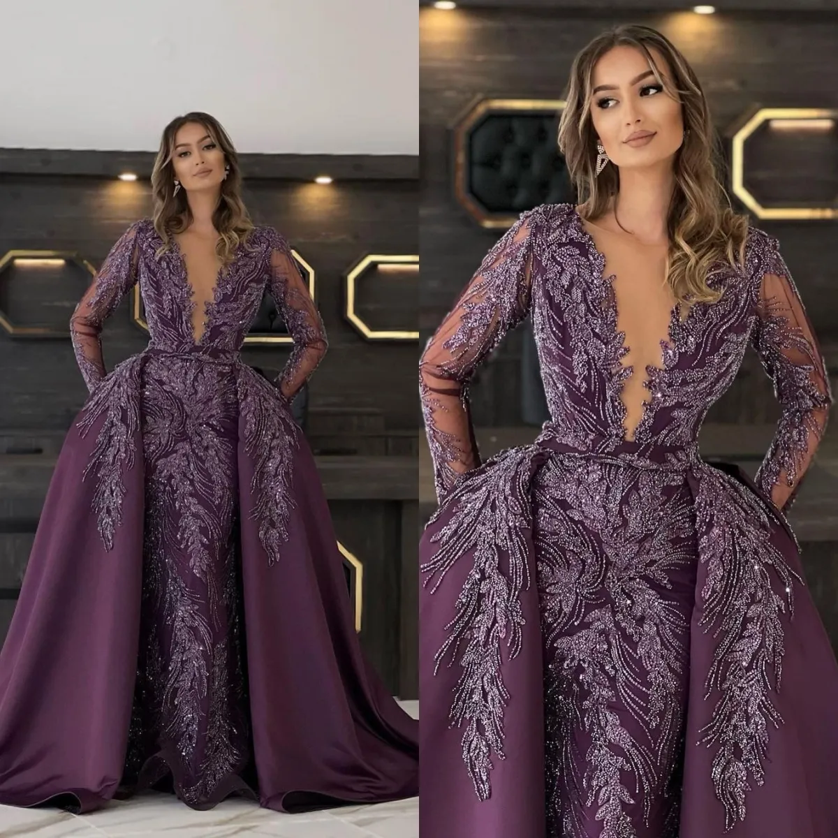 Fantasia roxo vestido de noite pura pescoço jóia rendas apliques vestidos de baile com overskirts vestidos de festa de manga longa feito sob encomenda