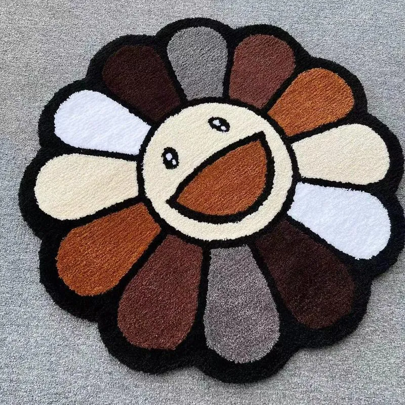 Tapis INS Dessin animé Fleur Tapis rond Anti-dérapant Aire de jeux pour enfants Petits tapis en peluche Table basse Tapis Salon Décor Tapis de sol