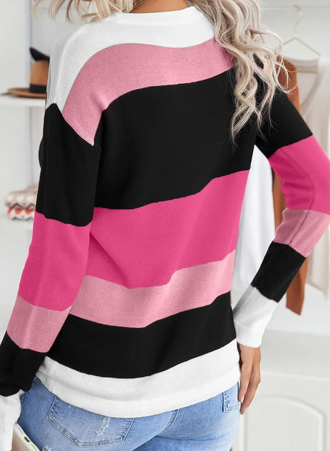 Women`s Sweaters Fall Sweaters Round Neck Striped Cute Winter Pullover Sweaters for Women Trendy 2023 Drawstring 