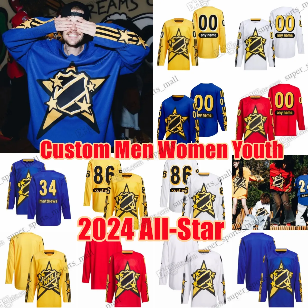 Maglia personalizzata 2024 All-Star Hockey 98 Connor Bedard Crosby Matthews Hughes Kaprizov Bobrovsky McDavid Draisaitl Makar MacKinnon Kucherov Bedard Aho Dahlin