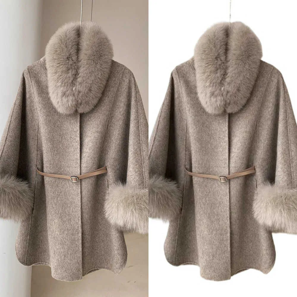 Women's Designer Double Sided Cashmere Coat Hair Collar Cape Shawl Korean Wool Tweed Fur Coat