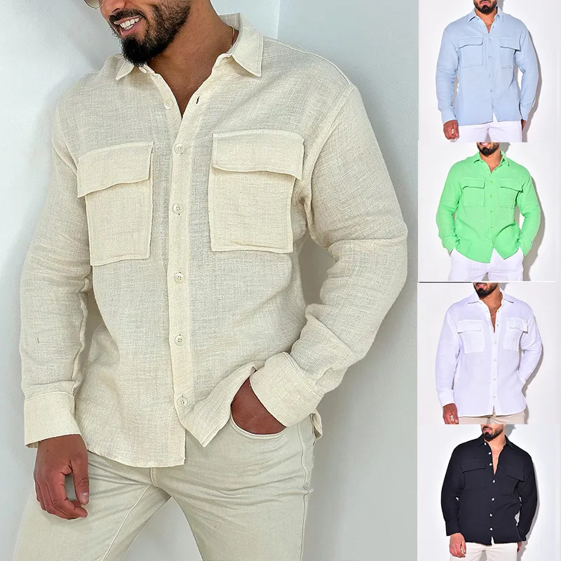2024 Nya europeiska och amerikanska herrskjortor Bomull Linen Cardigan Front Pocket Men's Clothing