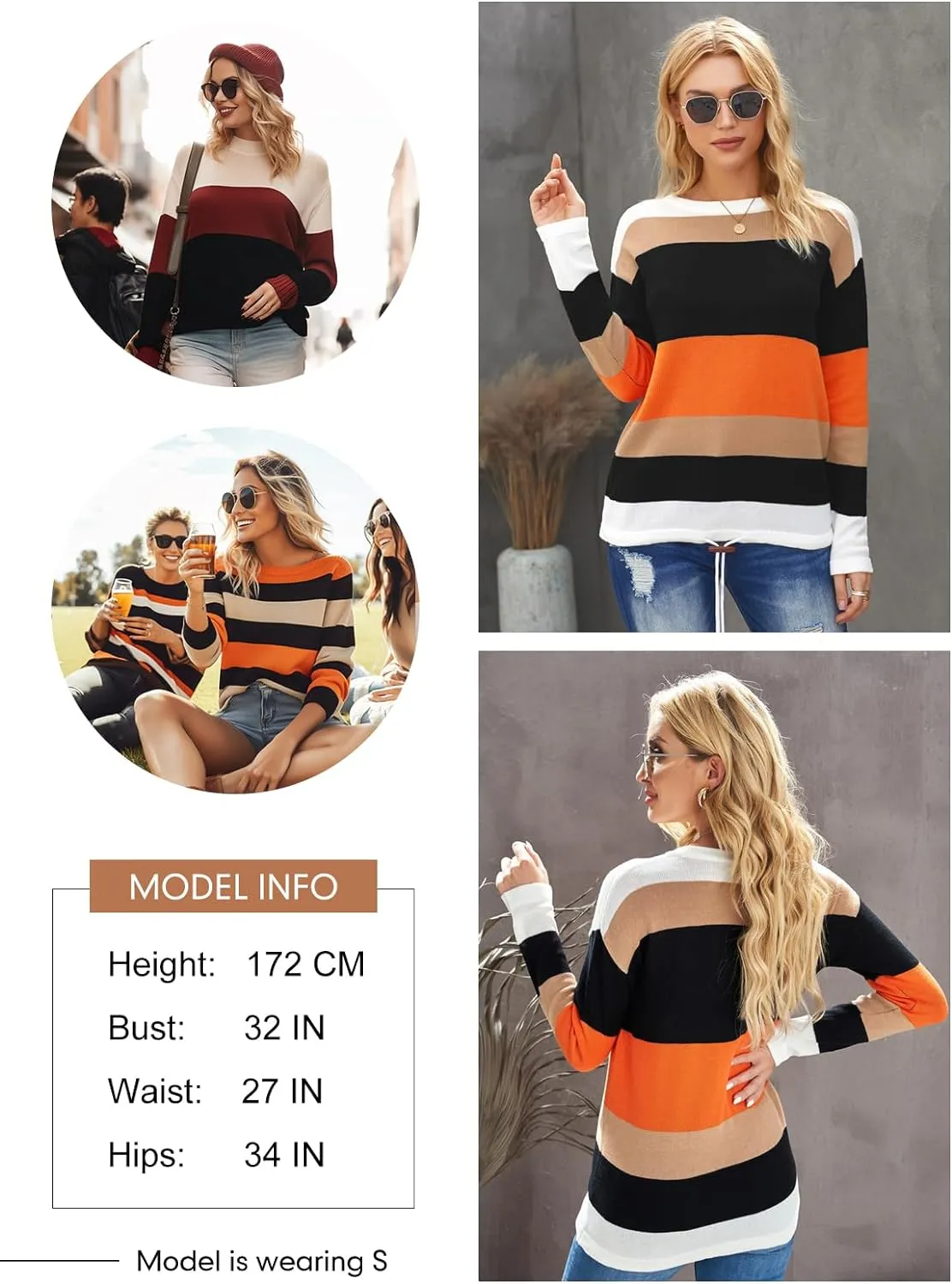 Women`s Sweaters Fall Sweaters Round Neck Striped Cute Winter Pullover Sweaters for Women Trendy 2023 Drawstring 