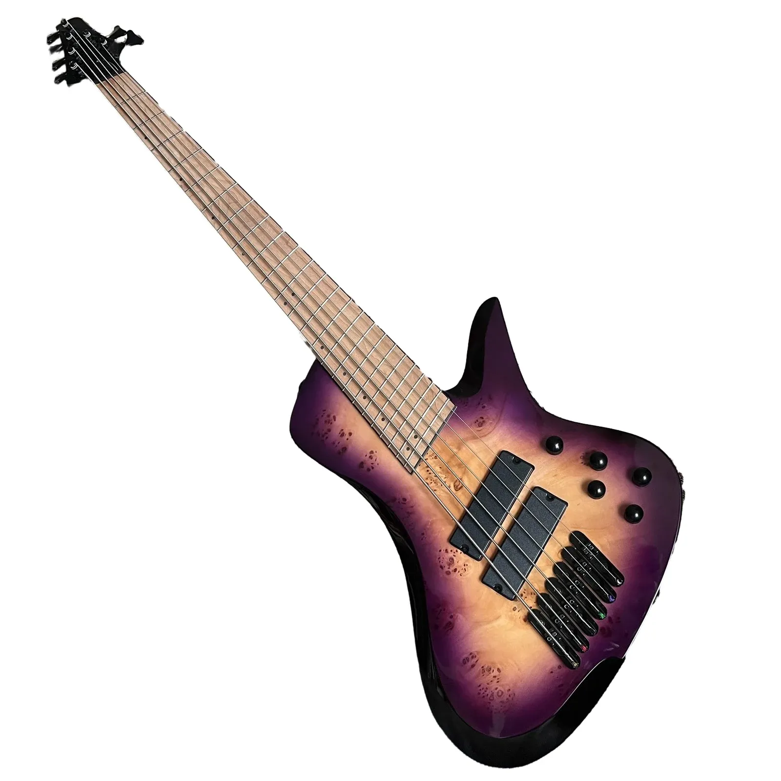 Atualize traste ventilado 6 cordas baixo elétrico guitarra roxo burl explosão colcha bordo topo traste de aço inoxidável