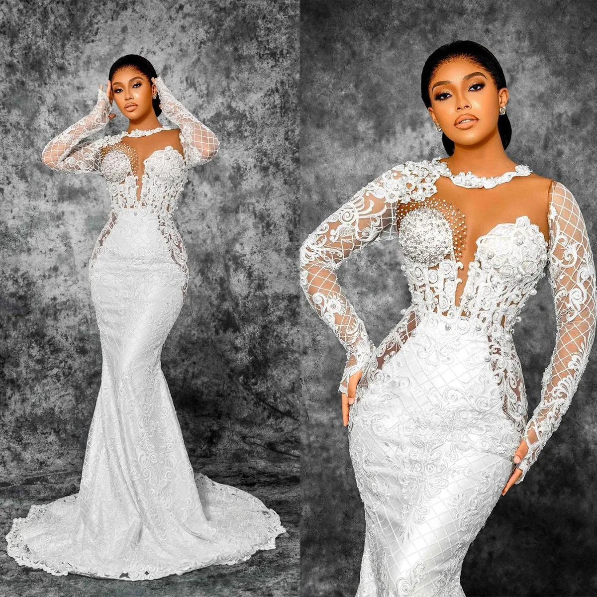 Elegant Lace Mermaid Wedding Dress With Pearls Long From