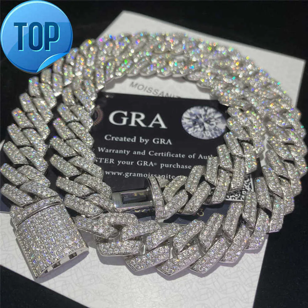 Stock glacé Vvs Moissanite Bracelet cubain 925 argent Bling Moissanite diamant chaîne à maillons cubains Hip Hop hommes bijoux collier