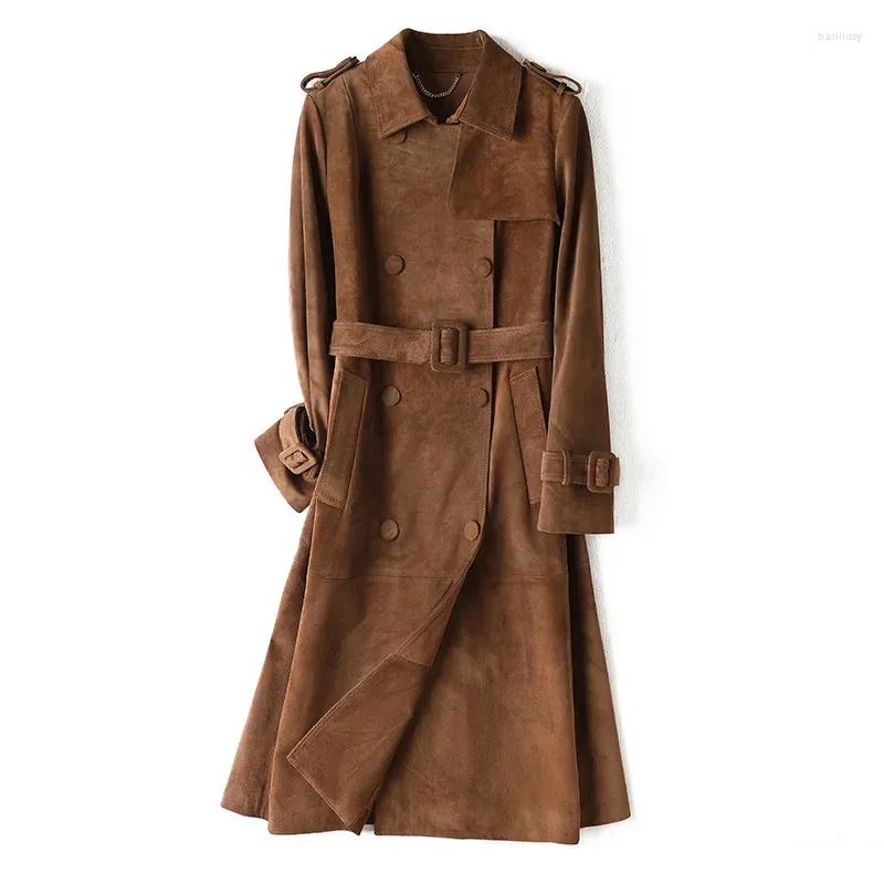 Trench-Coat classique en cuir de vache véritable pour femme, couche supérieure en daim givré, mi-long, Styles d'automne et d'hiver