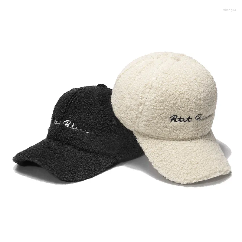 Casquettes de baseball Casquette de baseball en laine d'hiver pour garçon et fille, chapeaux en fourrure d'agneau brodés, tendance, doux et chaud, en peluche, coupe-vent pour hommes et femmes