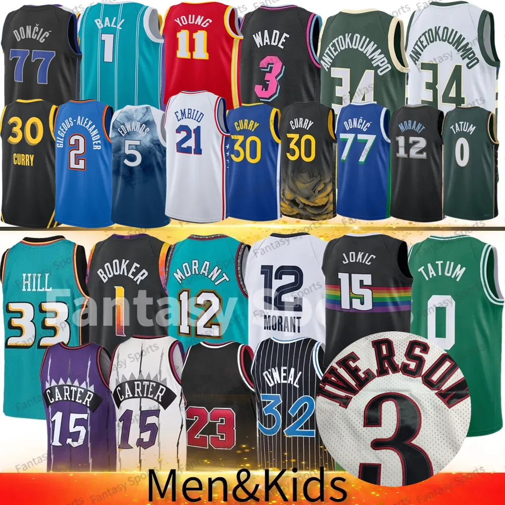 Maglia da basket per bambini da uomo per bambini Giannis Stephen Curry Devin Booker Durant Jayson Tatum Iverson Young Hill Bird Ja Morant Carter maglie retrò cucite Nuovo