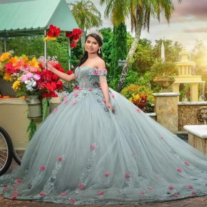 Off Shoulder Sleeveless 3D Floral Appliques Beaded Purple Quinceanera Dress for Sweet 16 WQ1221 main image 0