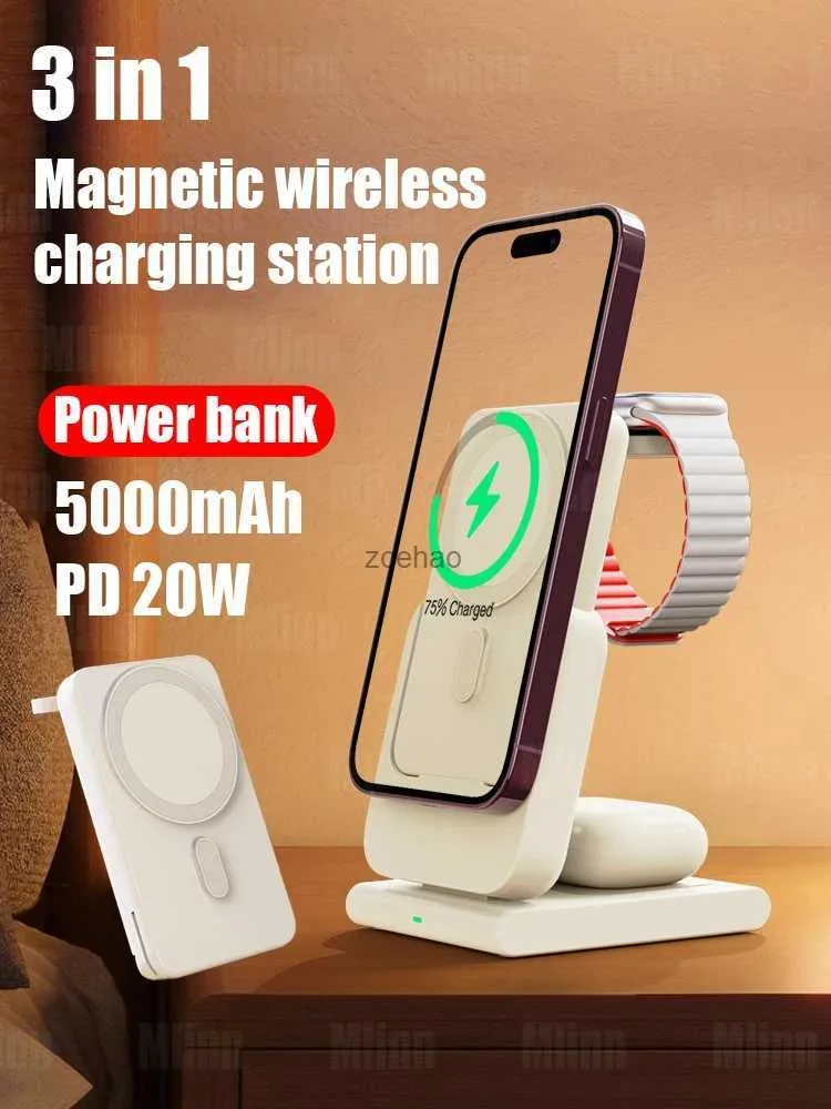 Mobiltelefon Power Banks Magsafe 3 i 1 Magnetic Wireless Power Bank 15W Fast Charger Station Externt Auxiliary Battery för 14 13 12 Watch