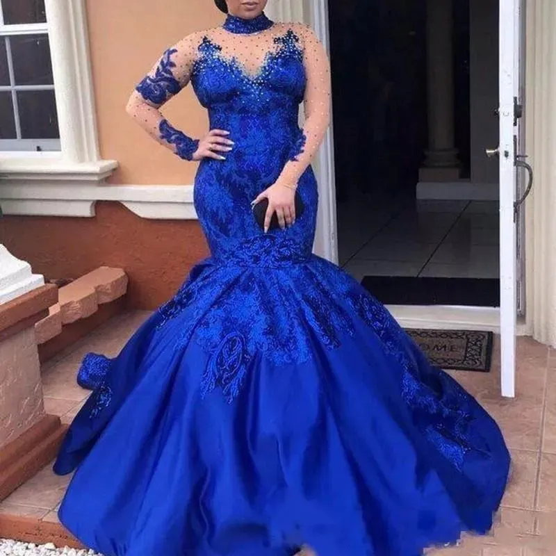 Mermaid Classic Royal Blue Prom Dresses With Illusion Long Sleeves Beaded High Neck Lace Appliqued Formal Ocn Gowns Plus Size Elegant Evening Dress