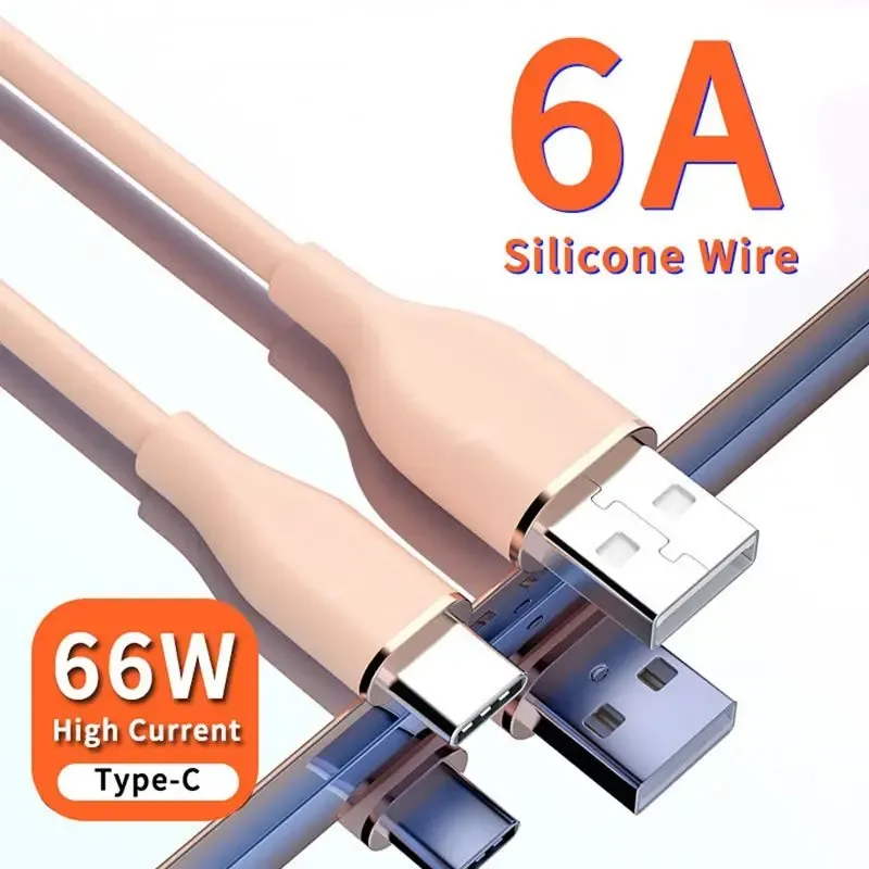 1M 6A 66W Fast Charging Type-C Data Cable Liquid Silicone USB A to Type C Cable For Huawei Xiaomi Samsung S23 S22 USB Charger