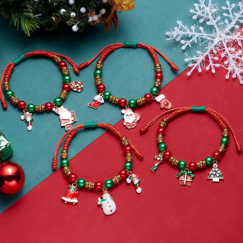 Charm Bracelets Christmas Bracelet Santa Claus Elk Xmas Tree Handmade Adjustable Beads Rope Chain Bangle Happy Year Ornaments