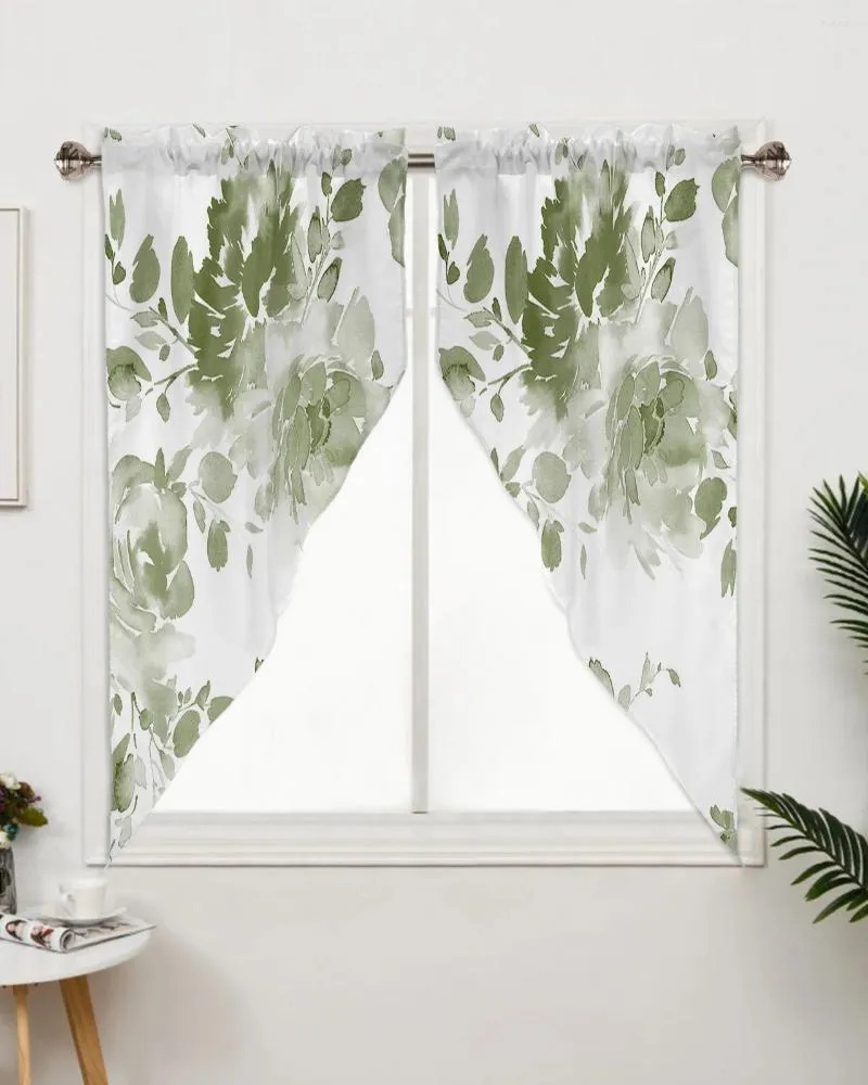 Curtain Green Watercolor Flowers Short Triangular Home Decoration Window Treatments For Kitchen Livingroom Balcony