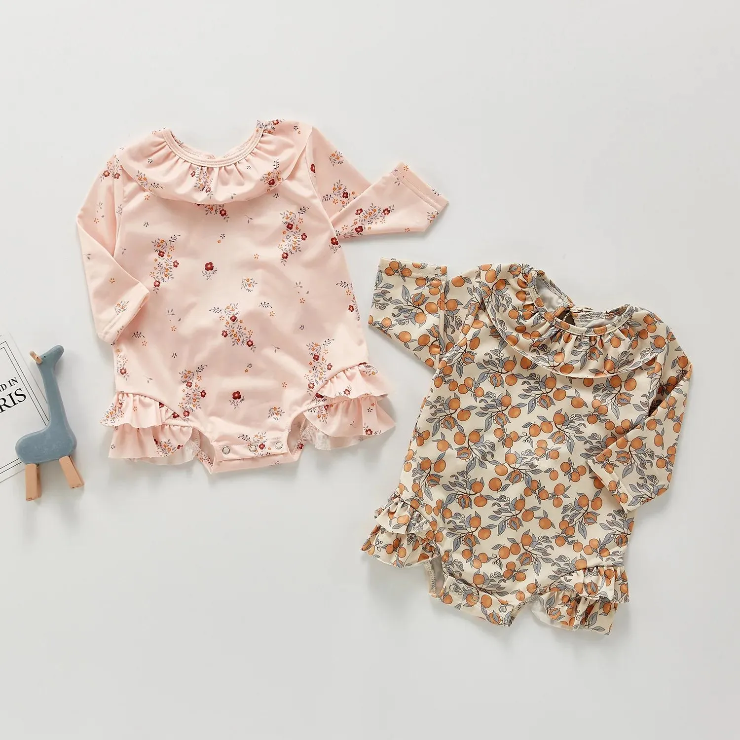 Set Mode Kleinkind Baby Mädchen Bademode Sommer Nette Zitrone Floral Gedruckt Ärmel Sling Outfits Kind Split Langarm Badeanzug