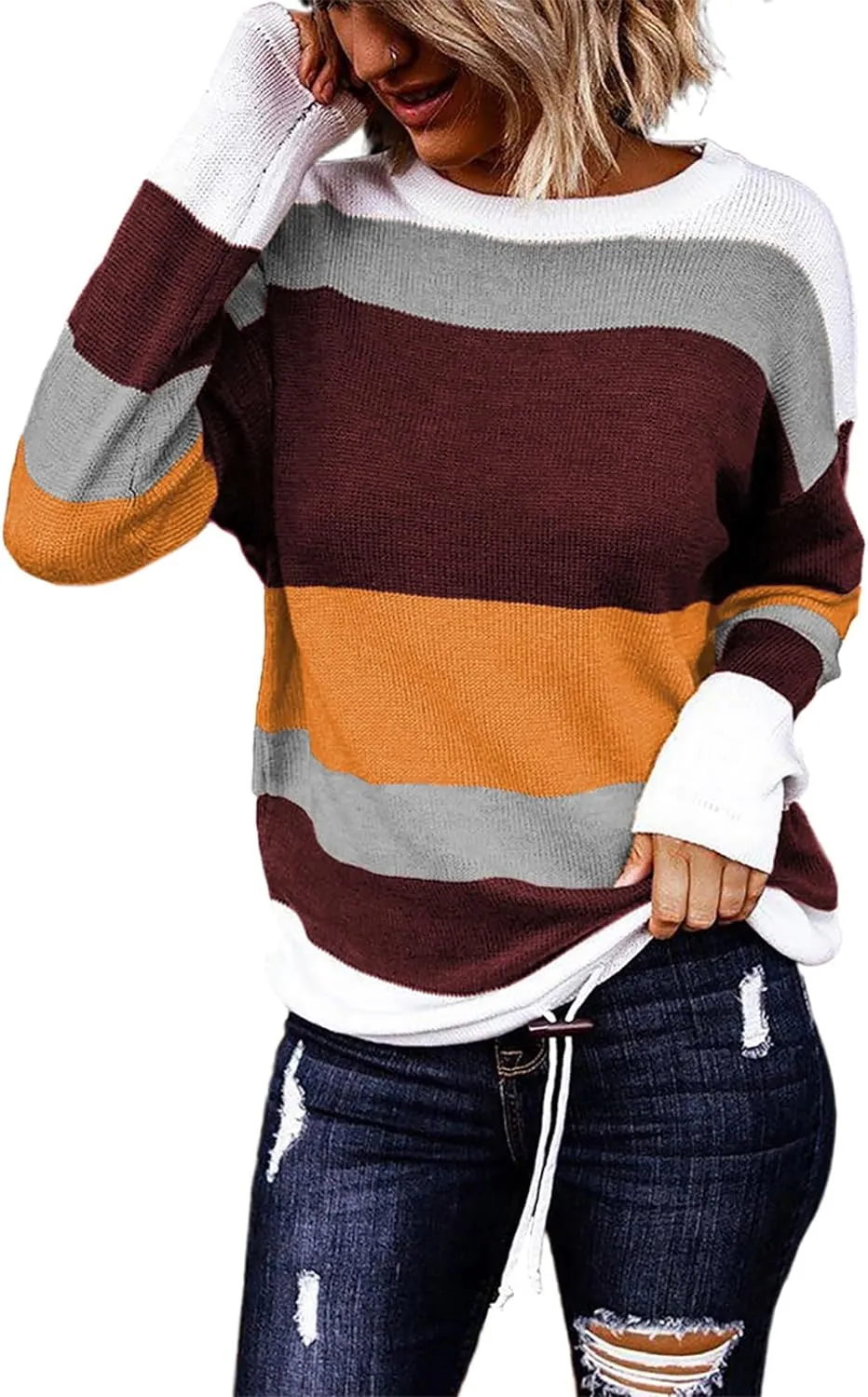 Women`s Sweaters Fall Sweaters Round Neck Striped Cute Winter Pullover Sweaters for Women Trendy 2023 Drawstring 