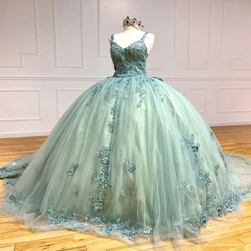 Robe De Quinceanera vert clair avec nœud en dentelle, perles appliquées, tulle, paillettes, mexicain, doux, 16 robes De XV 15 Anos