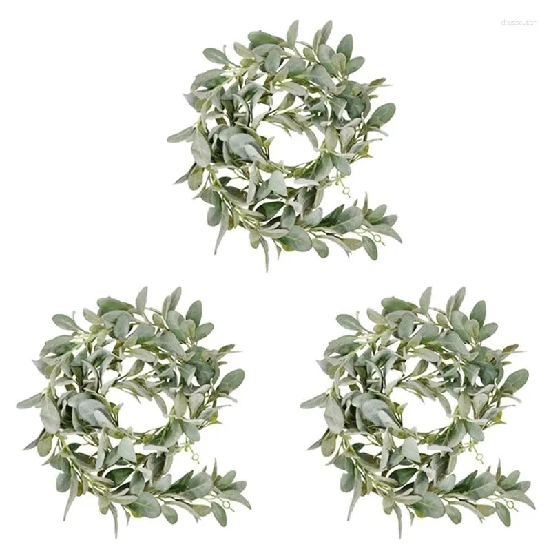 Fleurs décoratives – 3 guirlandes d'oreilles d'agneau floquées artificielles – 2 mètres de verdure et de feuilles de vigne douces pour décoration de cheminée de ferme