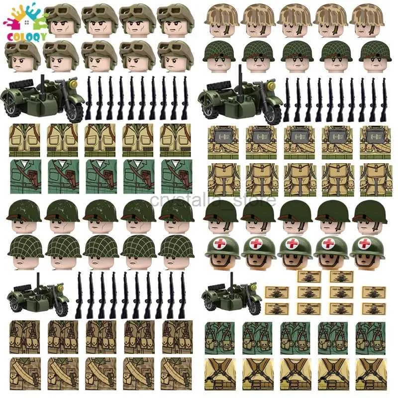 Blockerar barnleksaker WW2 US Army Building Blocks Western Front Soldiers Figurer Bricks Green Military Trehycle Toys For Boys Födelsedagspresenter 240120