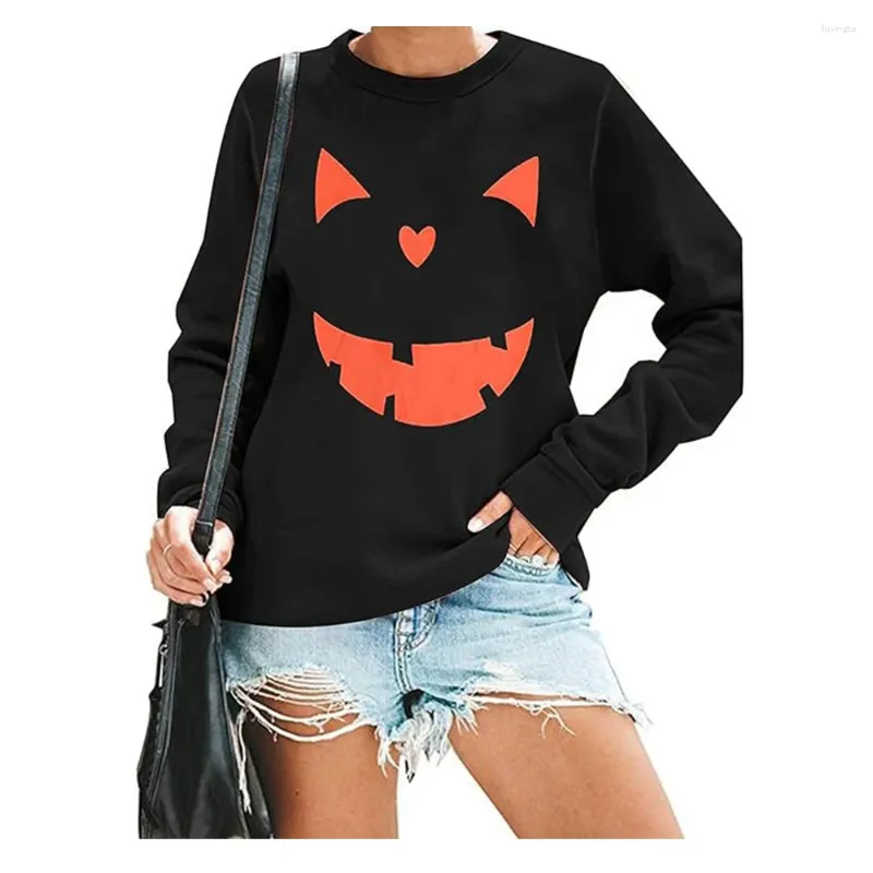 Sweat à capuche pour femme, motif visage de citrouille d'Halloween, col rond, manches longues, chemises d'automne légères et décontractées.