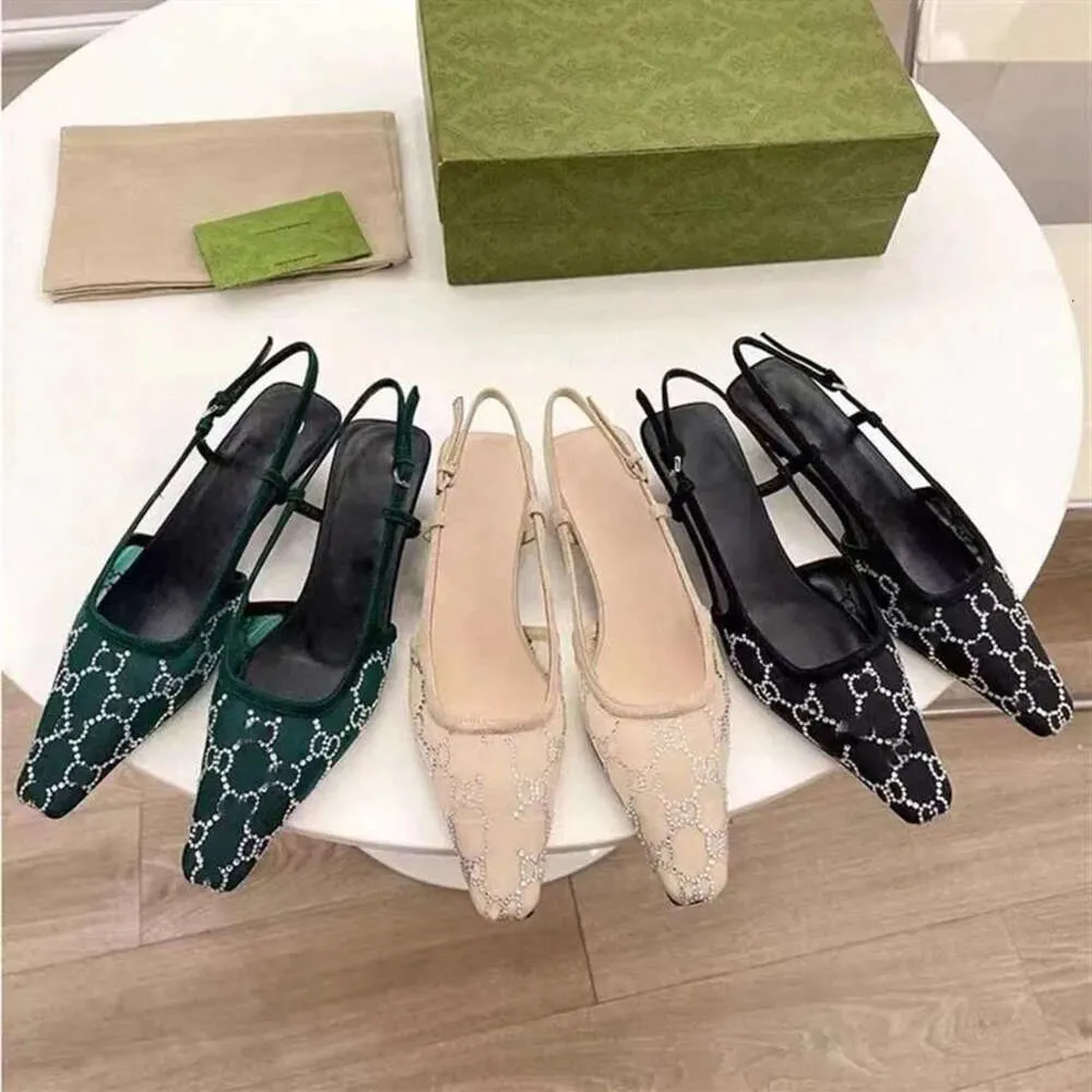 2024 Kleid Schuhe Slingbacks High Heels Designer 3,5 CM Schnürung Flacher Schnitt Elegante Sandalen Mid Mesh Kristalle Funkelnde Print Leder Knöchelriemen Hausschuhe Buchstabeg 35~41