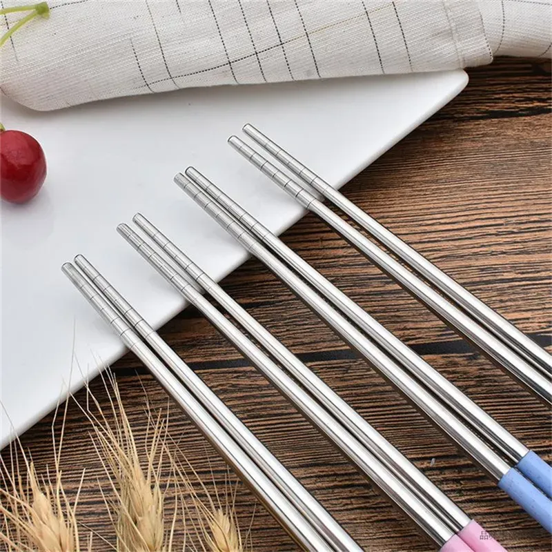 Reusable Chopstick Metal Chinese Chopstick with Plastic Wheat Straw Handle 