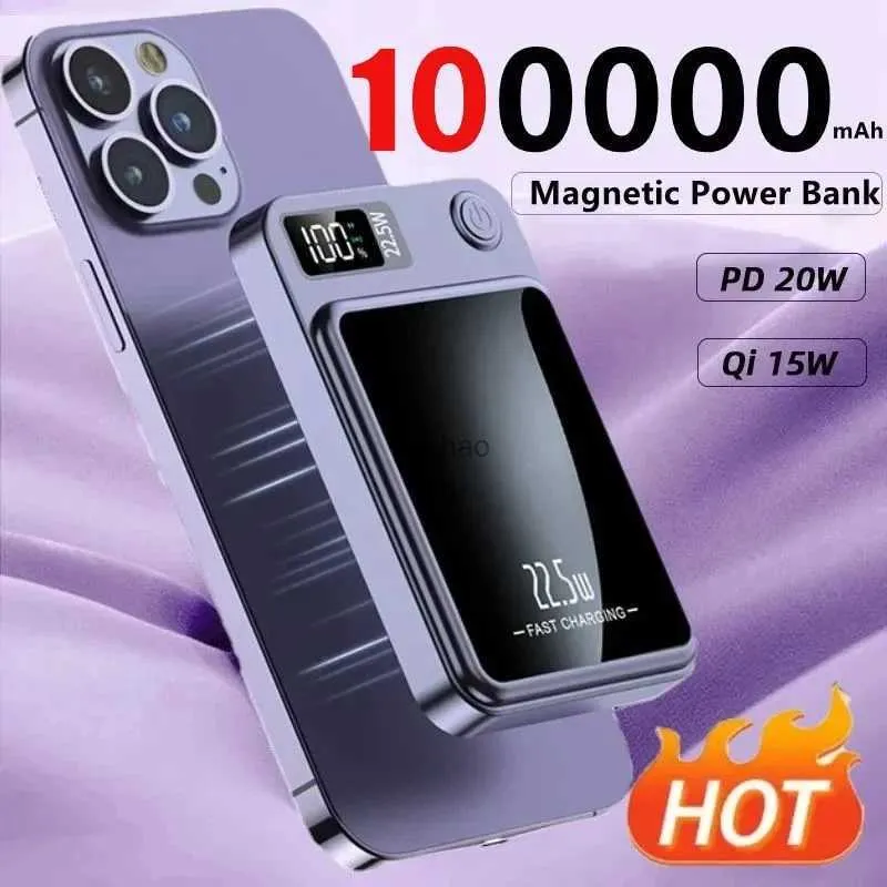 Cell Phone Power Banks 100000mAh Magnetic Qi Wireless Charger Power Bank 22.5W Super Fast Charging for 14 13 12 Samsung Huawei Powerbank