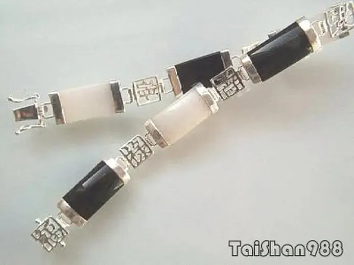 Bangles Black Agate White Jade 18KWGP Fortune Longevity happiness Luck Link Bracelet AAA style Fine jewe Noble 100% Natural jade 5.26