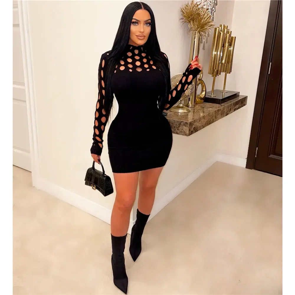 2024 Designer Knitted Dress Women Fall Winter Clothes Long Sleeve Bodycon Dresses Sexy Hollow Out Sheath Dress Night Club Party Wear Streetwear Wholesale 9069