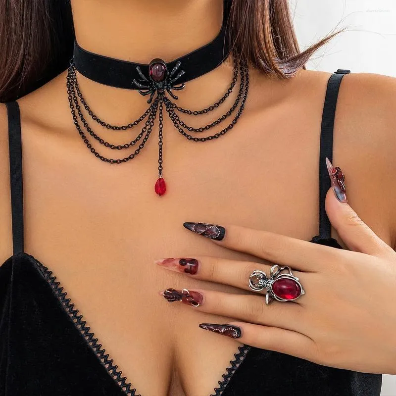 Colar brincos conjunto gótico vermelho cristal aranha pingente anéis para mulheres preto escuro multicamadas borla corrente gargantilha de sangue moda
