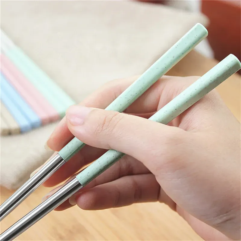Reusable Chopstick Metal Chinese Chopstick with Plastic Wheat Straw Handle 
